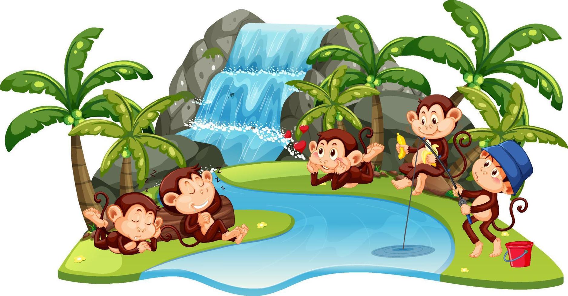 Isolated waterfall with little monkeys vector