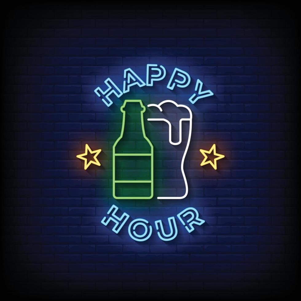Happy Hour Neon Signs Style Text Vector