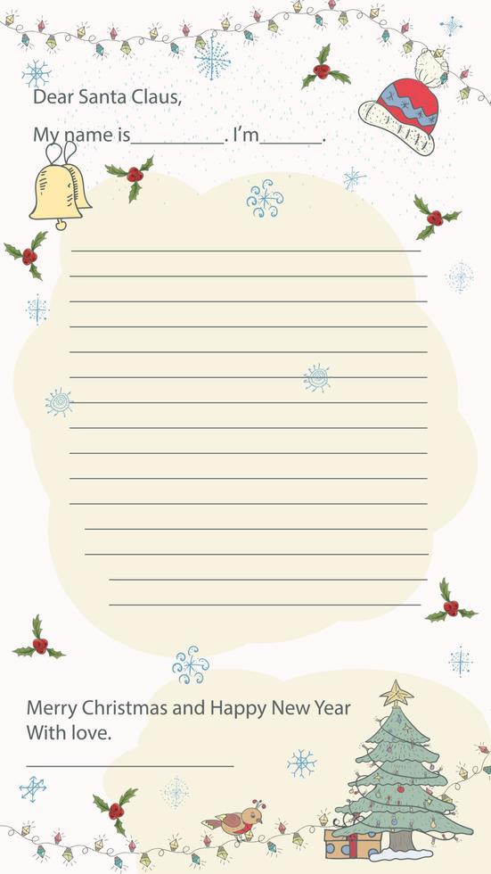 diseño de carta de muestra de navidad y año nuevo listo para santa claus con una línea para el texto abeto festivo entre guirnaldas y hojas de acebo vector