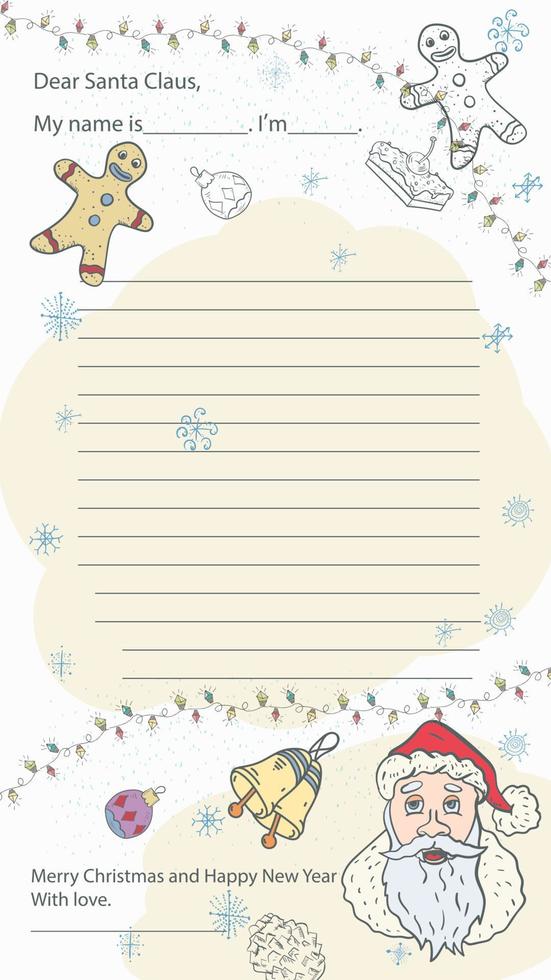 diseño de carta de muestra de navidad y año nuevo listo para santa claus con una línea para el texto retrato de santa claus entre hombres de jengibre y copos de nieve vector