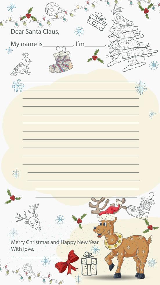 Ready made Christmas and New Years sample letter layout for Santa Claus with a line for the text A deer in a red hat among gifts and snowflakes vector