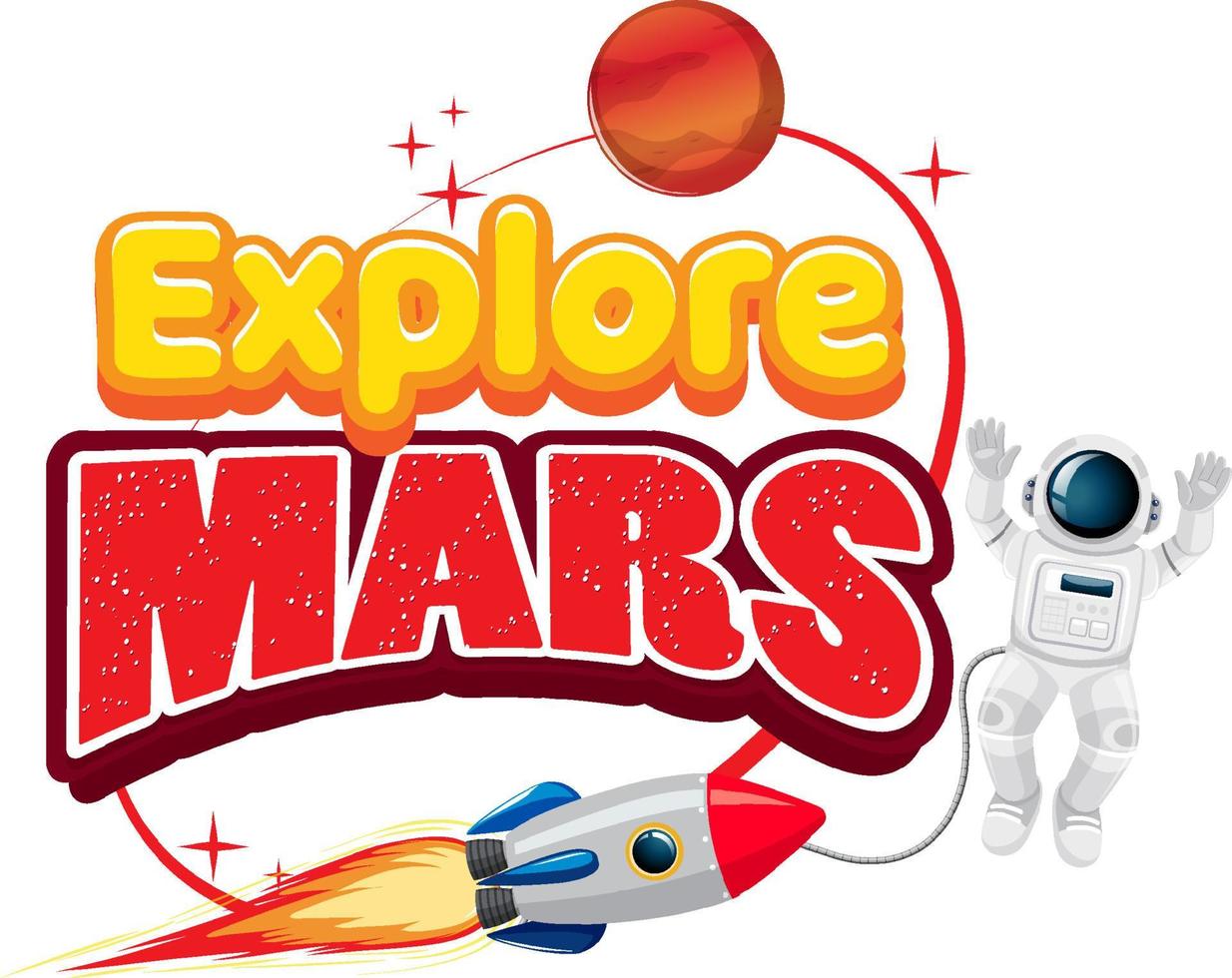 explorar marte palabra logo diseño astronauta y cohete vector