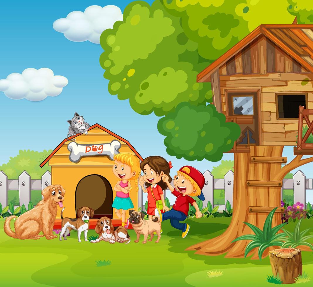 Park scene with children playing with their animals vector