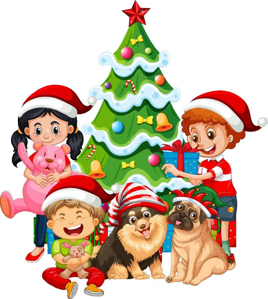 Children and dogs in Christmas theme vector