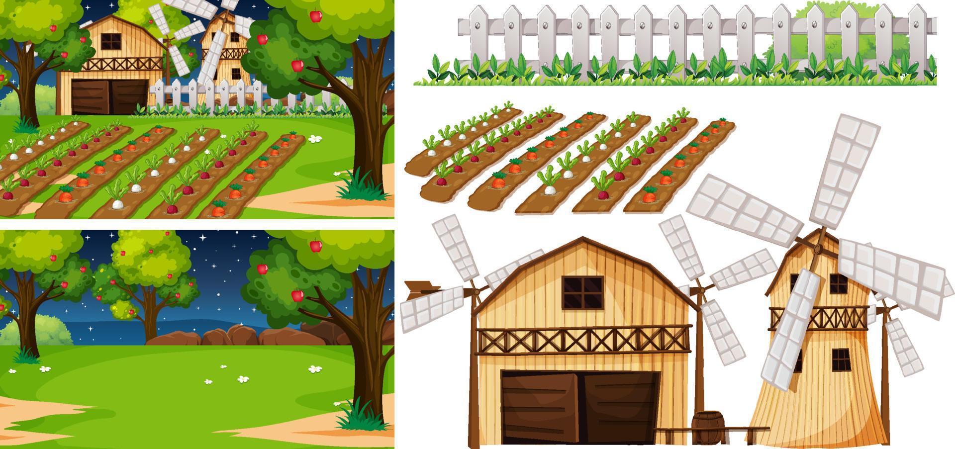 Farm element set isolated with farm scence vector