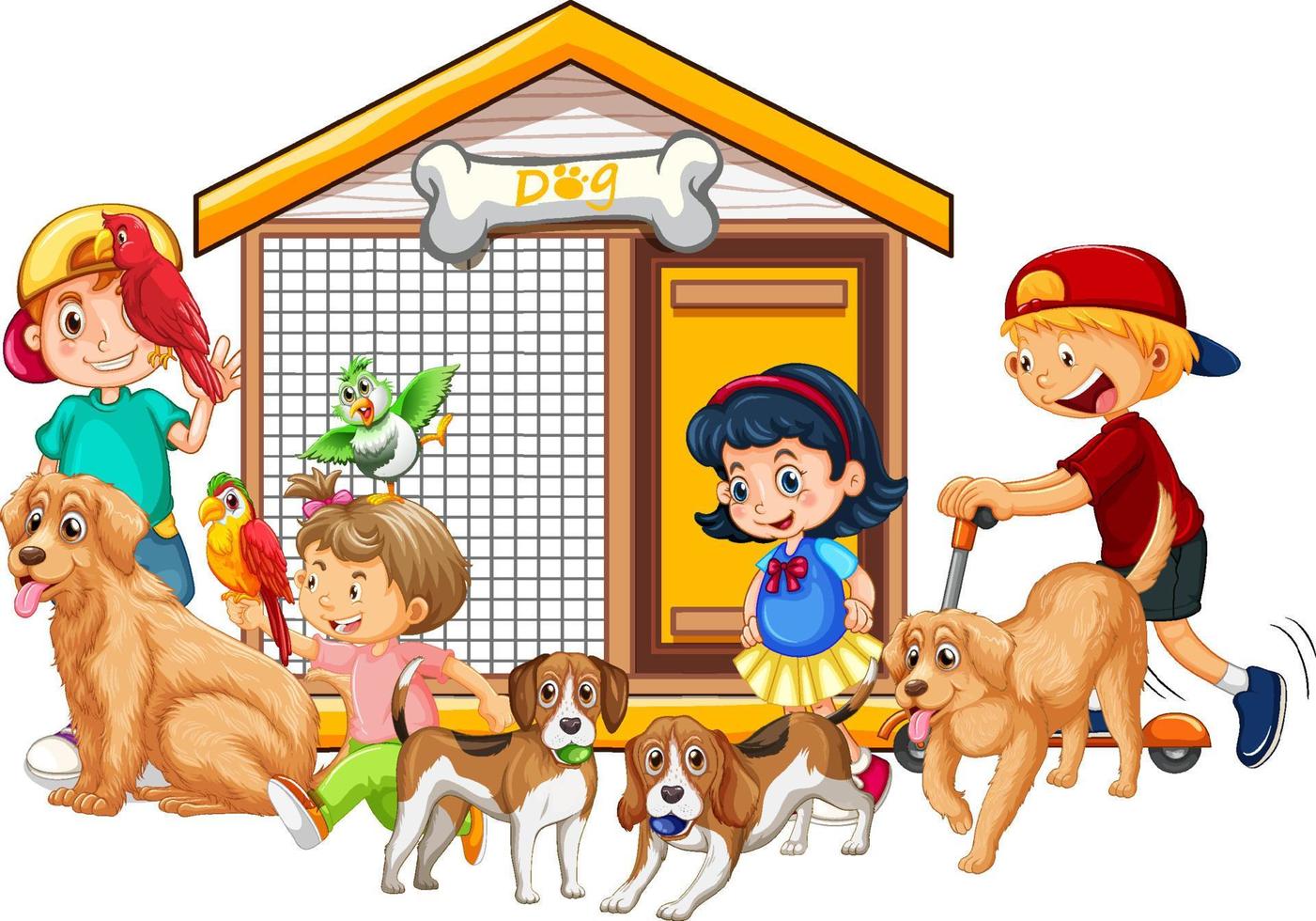 Children with their dogs and birds on white background vector