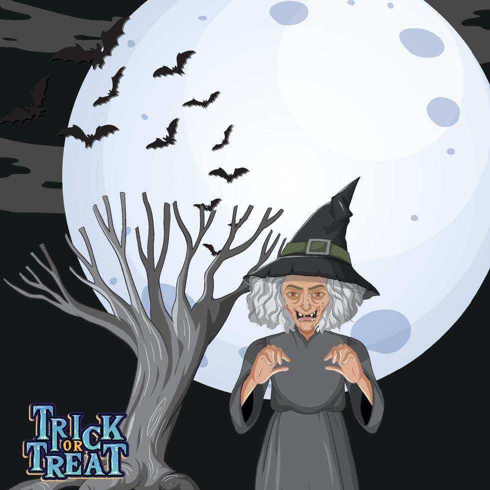 Dark forest scene with wicked old witch vector