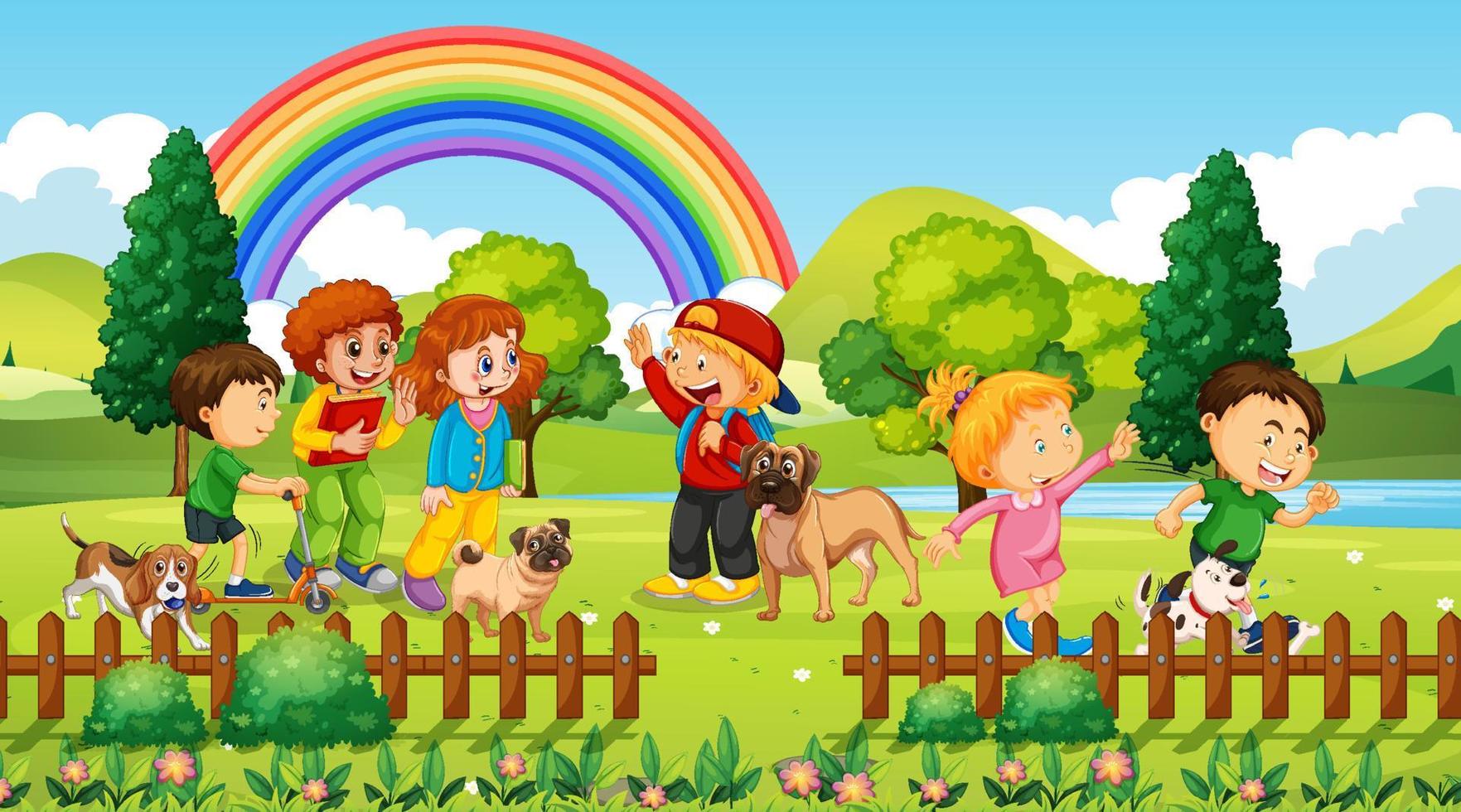 Park scene with children playing with their animals vector