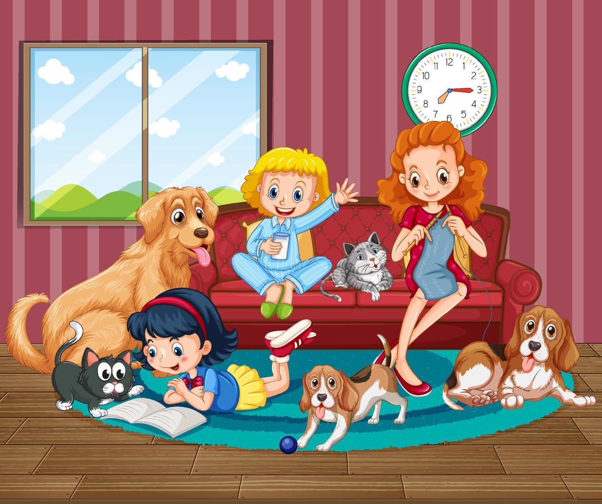 escena de la habitación con familia feliz y perros. vector