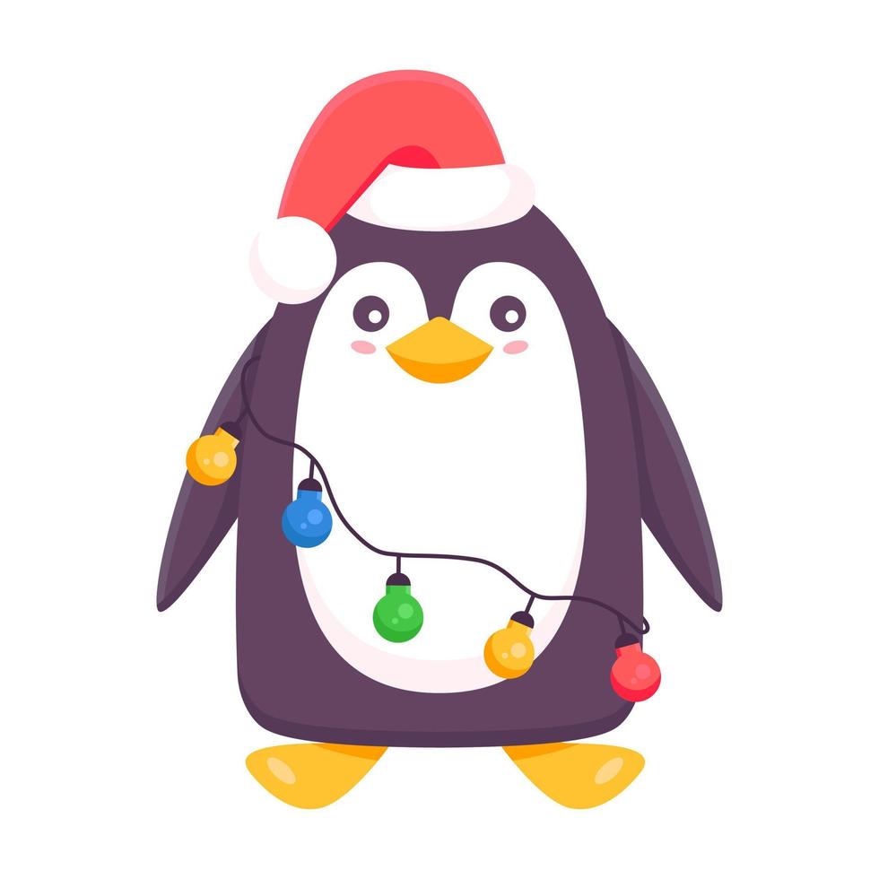 pingüino se enredó en una guirnalda, bombillas, en un sombrero de santa claus. concepto de navidad y año nuevo. lindo pingüino amable. ilustración vectorial vector