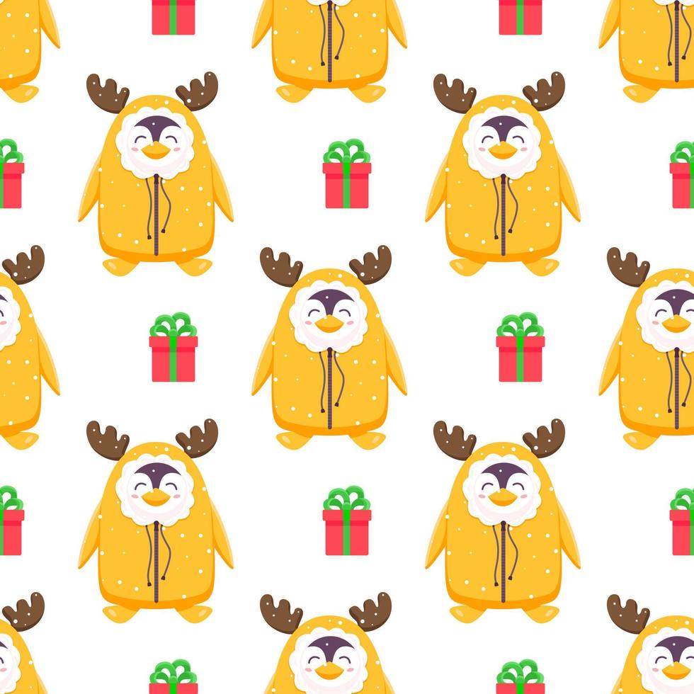 Penguins seamless pattern. Cartoon penguins in various poses and emotions. Vector cute winter illustration blue background. Merry Christmas and Happy New Year seamless pattern with penguins in vector