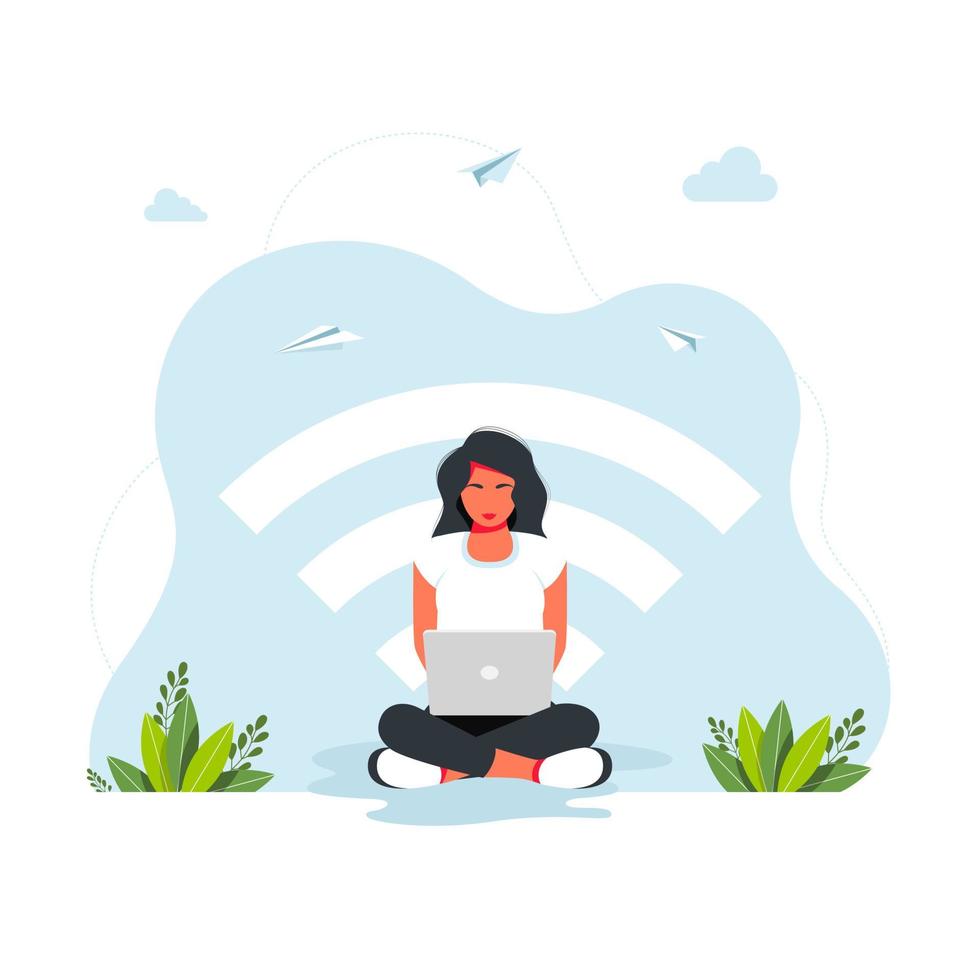 free wifi zone. Public free wifi hotspot zone wireless connection, business concept. woman sitting in lotus position working at a laptop against the background of a large wi-fi icon. freelance concept vector