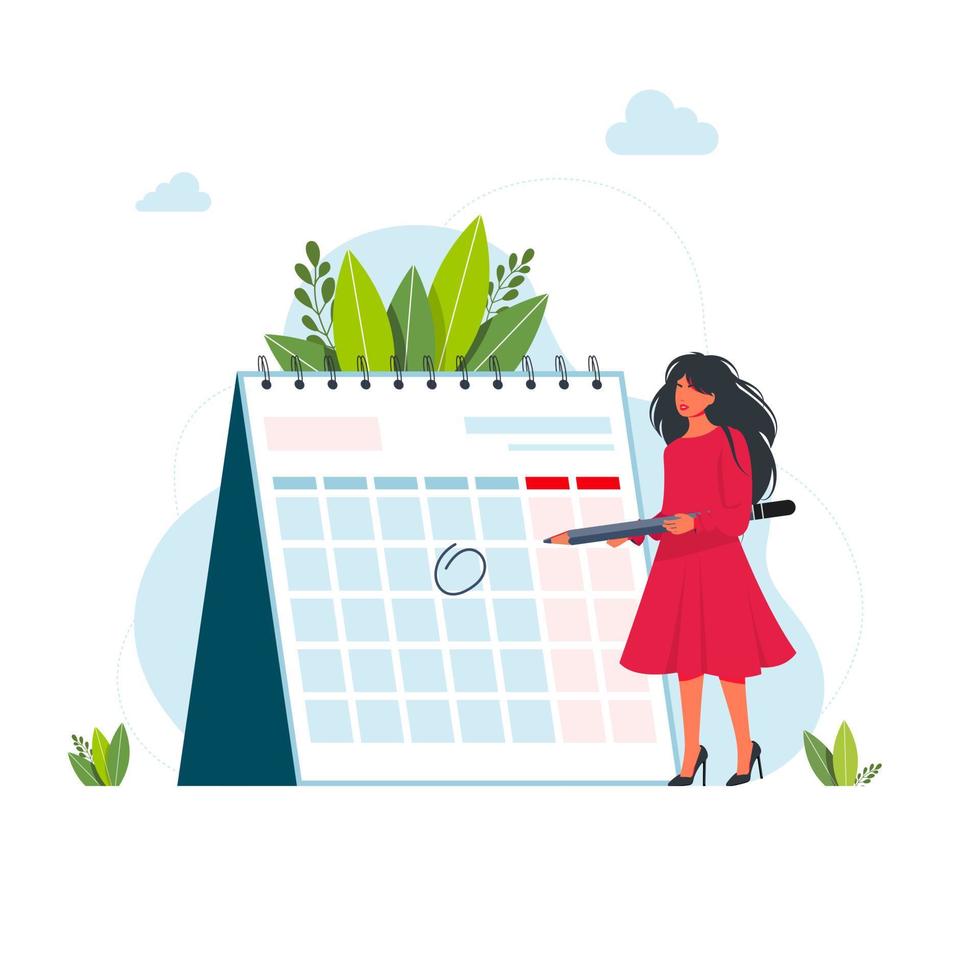 Time management and deadline concept. Business woman planning events, deadlines, and agenda. Calendar, schedule, organization process flat cartoon vector Time management concept for banner