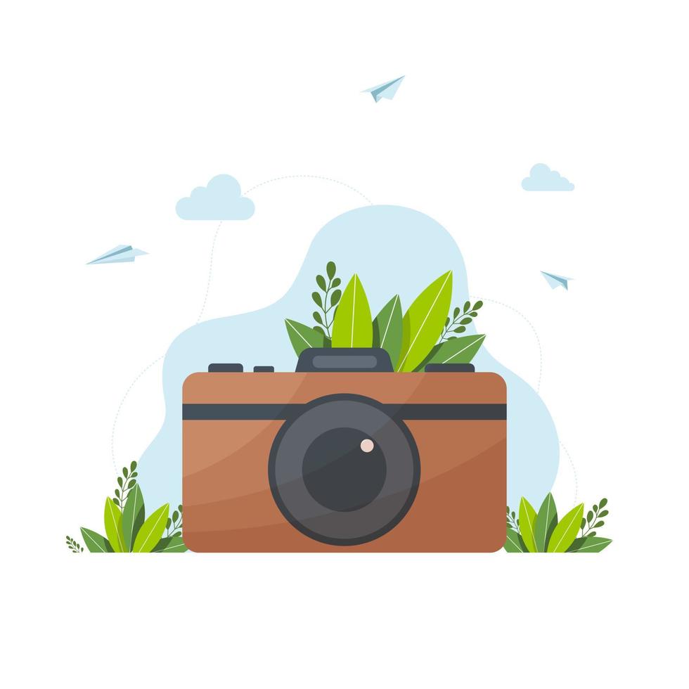 camera vector illustration, Retro hipster photo camera, Vector retro hipster photo camera isolated on white background. Vintage illustration for design, print for t-shirt, poster, card.