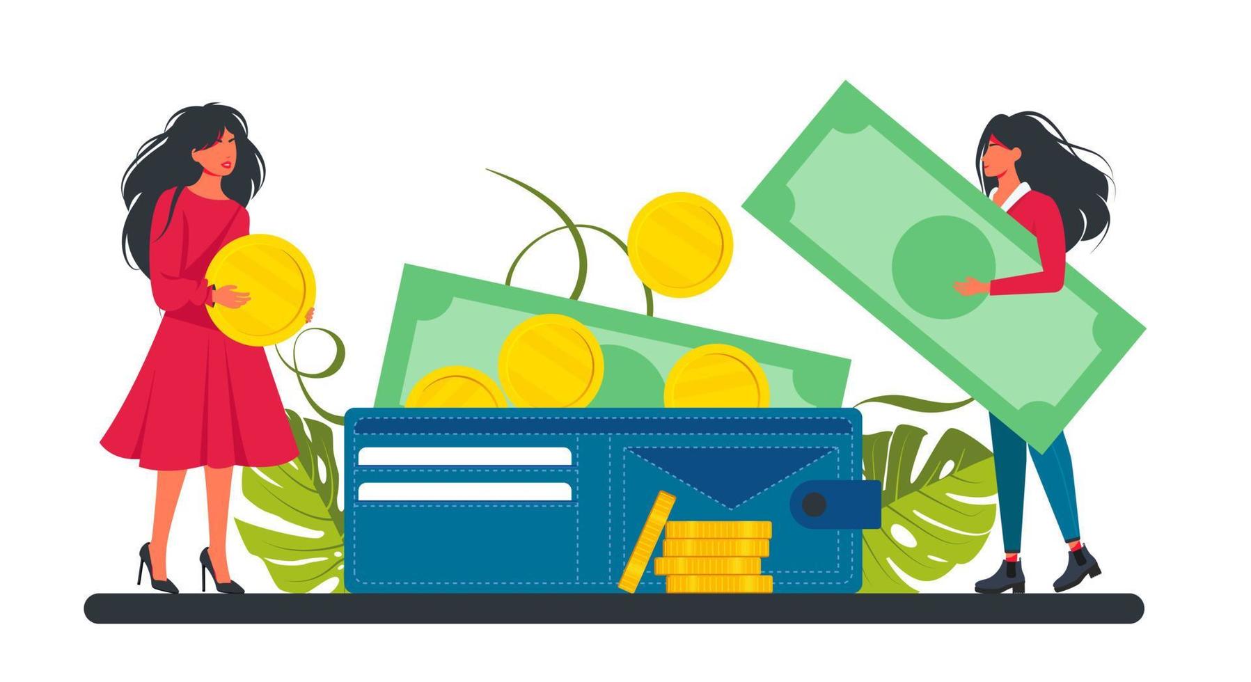 A small woman puts a coin and a banknote in a large wallet. Business lady and investment. Little people put gold coins in a big wallet.Investment portfolio. Vector illustration