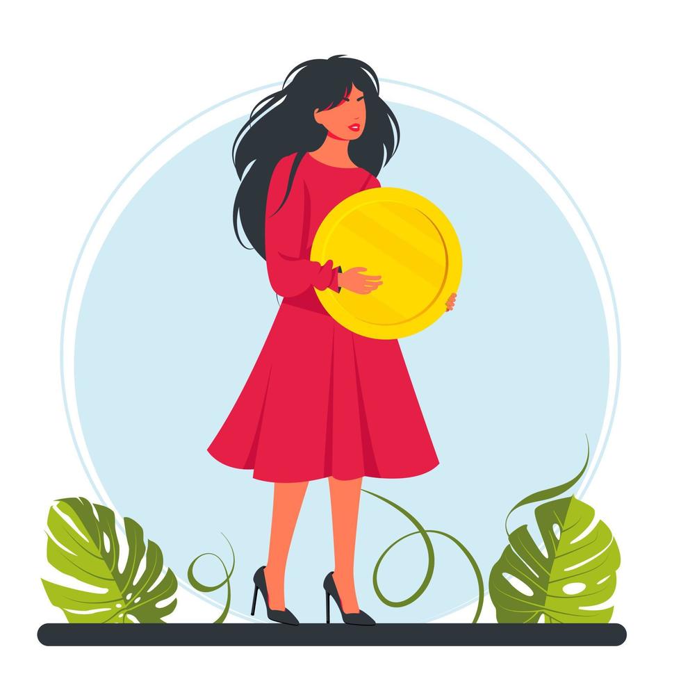 woman holding a large coin of money in her hands. Happy successful character with a coin. Financial well-being. Business investment and money savings. Fees and funding. Vector illustration