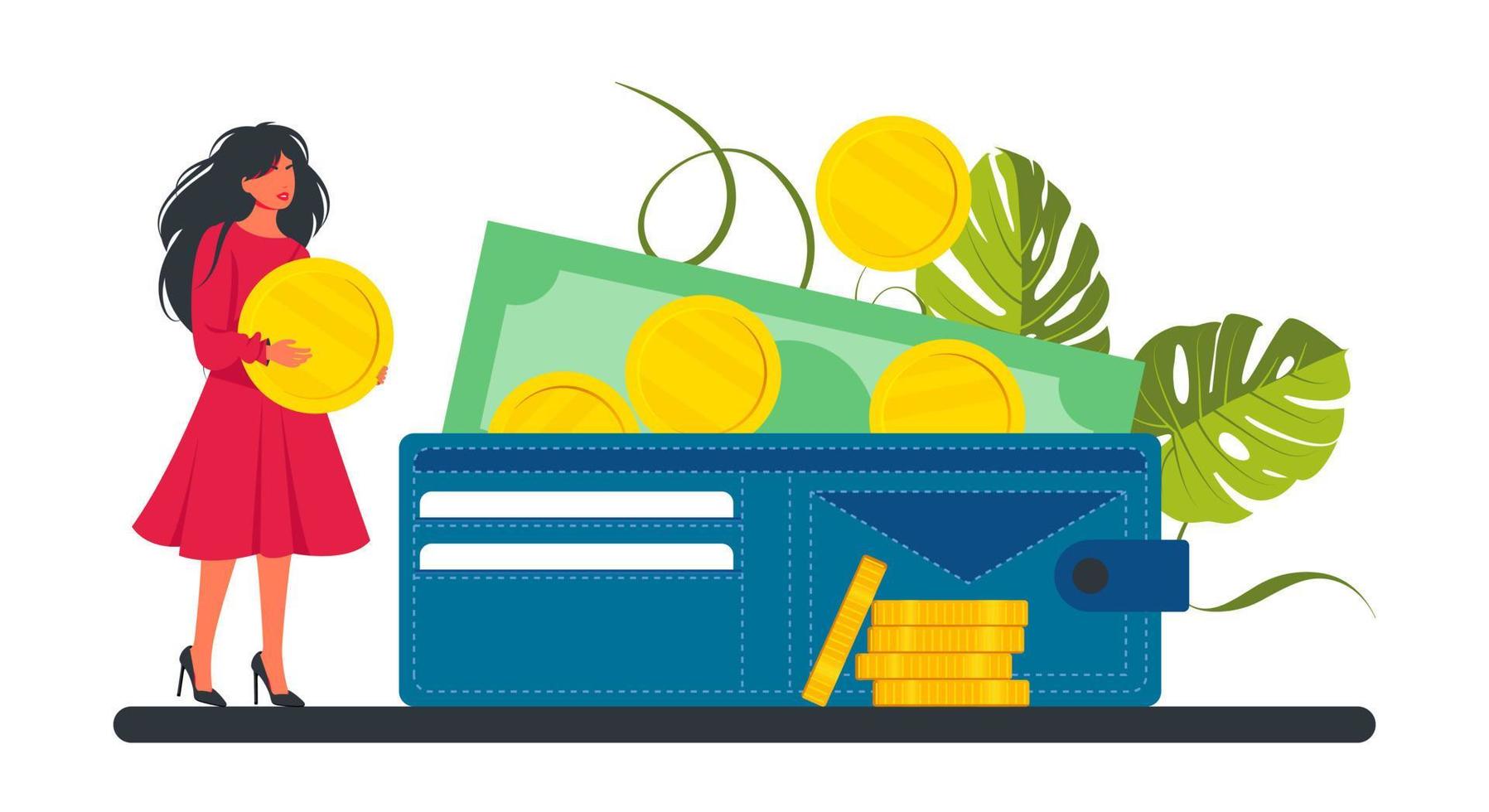 Tiny woman puts a coin in big wallet. Business lady and investment. Saving and accumulating money concept. Tiny people put gold coins in a large purse. Investment portfolio. Vector illustration