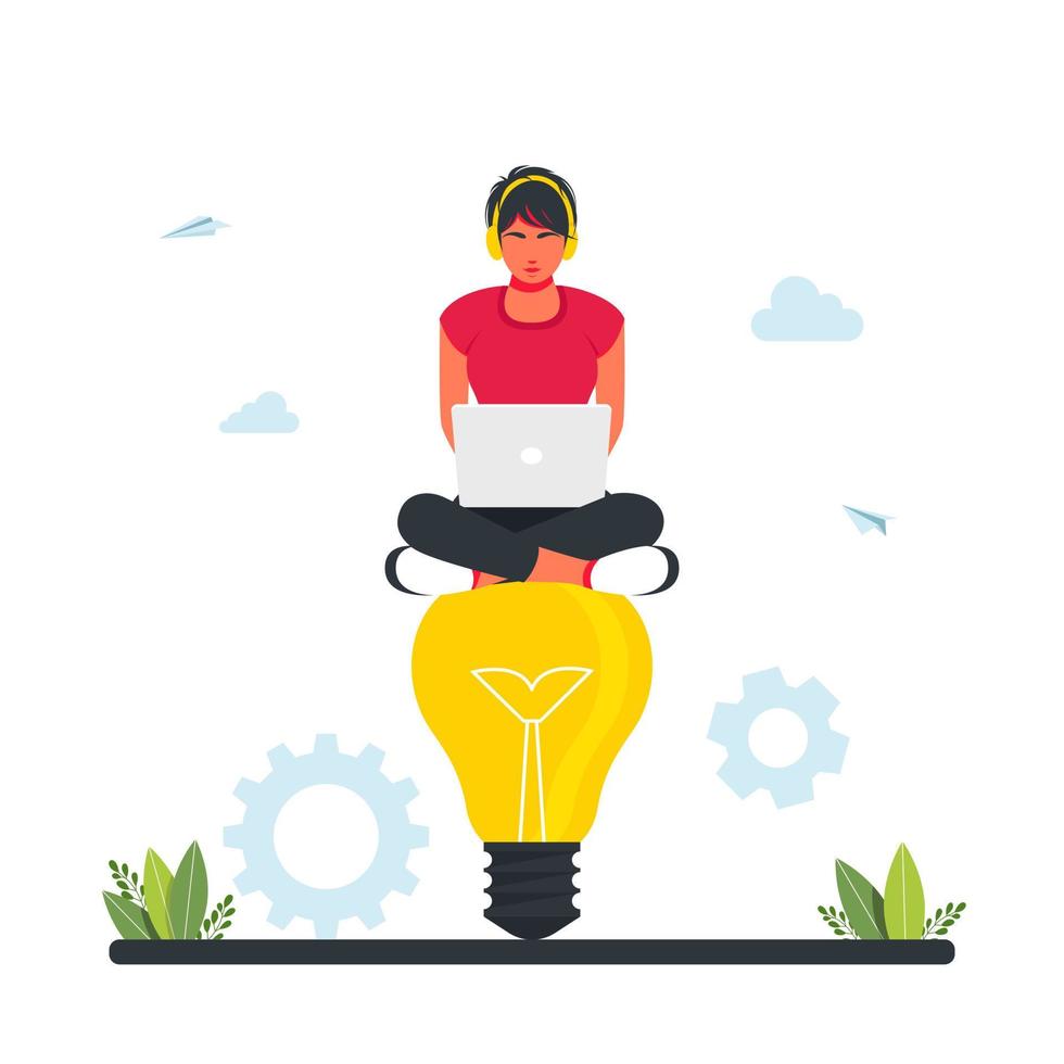 woman is sitting on big light bulb. Creative idea,brainstorming,teamwork,startup,business solution,thinking process concept.Businessman seating on idea lightbulb, searching sponsor to finance startups vector