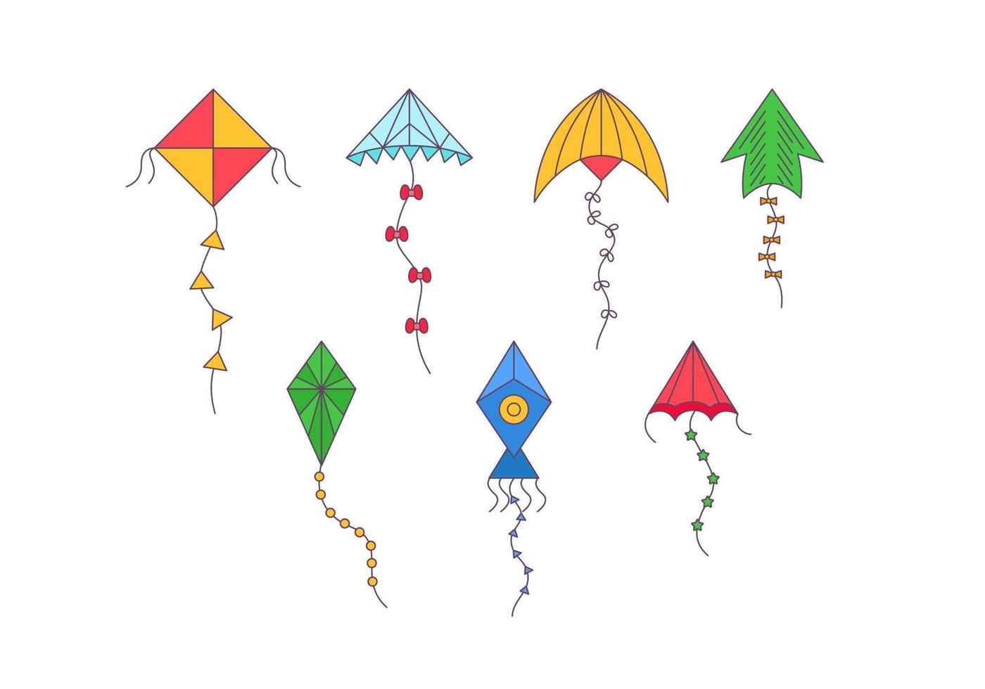 cometas. conjunto de cometas de dibujos animados. juguete volador de viento  con cinta y cola para niños. ilustración vectorial. juego de cometas de  viento, juguete volador de verano. 4492497 Vector en Vecteezy