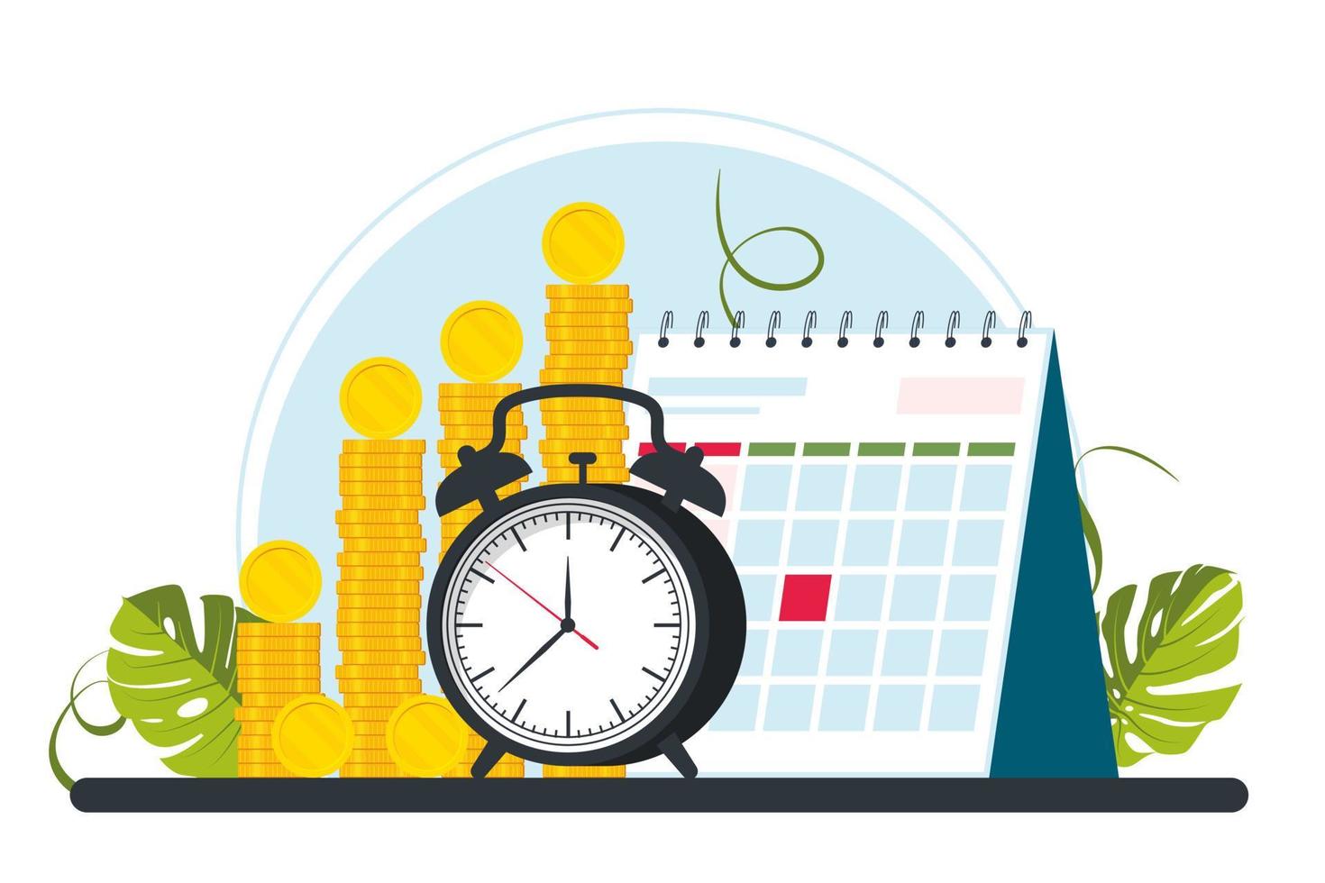 Pay Check, Salary, Payroll Concept. Heap of gold coins, alarm or clock, calendar. Time is a money and planning concept. Vector illustration