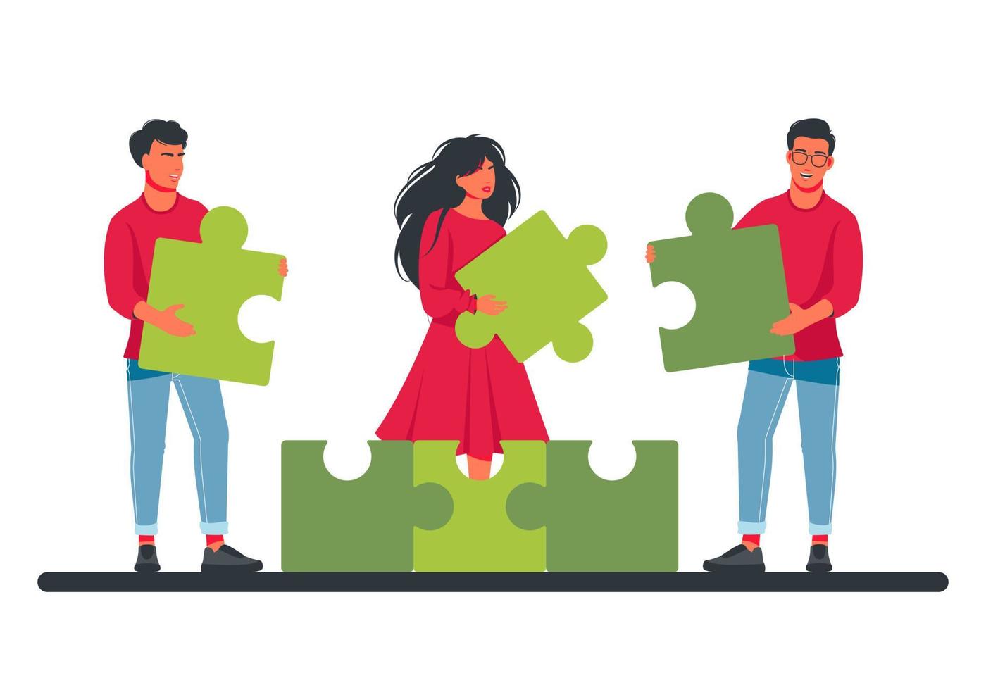 People collect a puzzle, a mosaic. Colleagues holding large puzzle pieces. A Successful partnership, communication, collaboration metaphor. Teamwork, business cooperation concept. Vector illustration