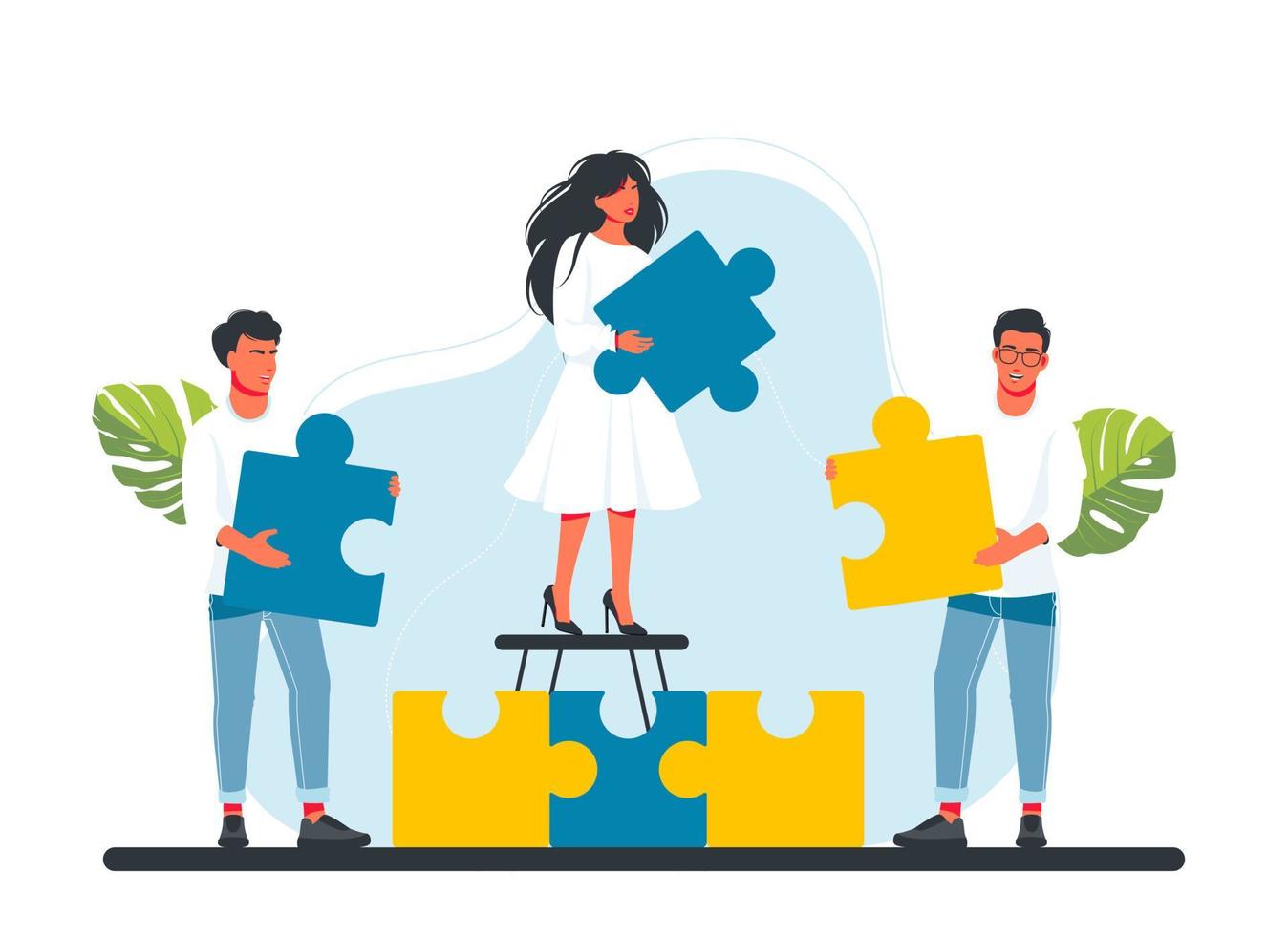 People collect a puzzle, a mosaic. Colleagues holding large puzzle pieces. A Successful partnership, communication, collaboration metaphor. Teamwork, business cooperation concept. Vector illustration