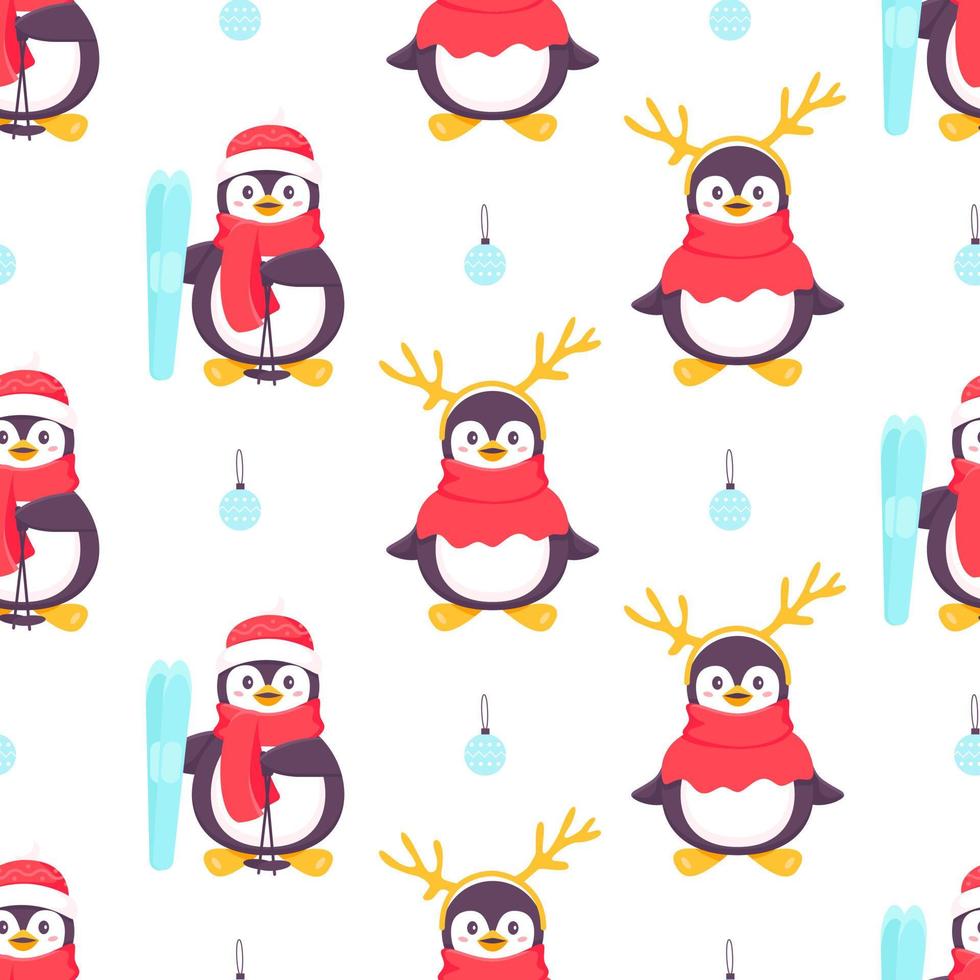 Penguins seamless pattern. Cartoon penguin with skis and antlers. Vector cute winter illustration blue background. Merry Christmas and Happy new year seamless pattern with penguins in vector.