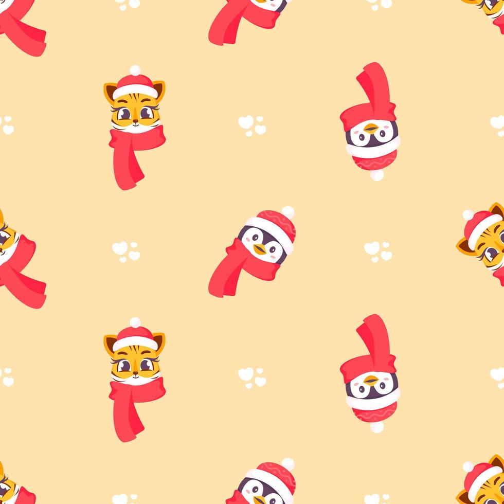 Seamless pattern of New Year's cute tiger cubs and penguins, the symbol of the new 2022. New Year's and Christmas. Vector illustration for postcard, banner, internet, decor, design, art, calendar.