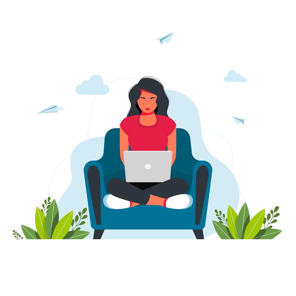 Working studying at home. People at home in self quarantine. freelance. Girl with laptop sitting on armchair. Concept illustration for working, studying, education, work from home, healthy lifestyle. vector