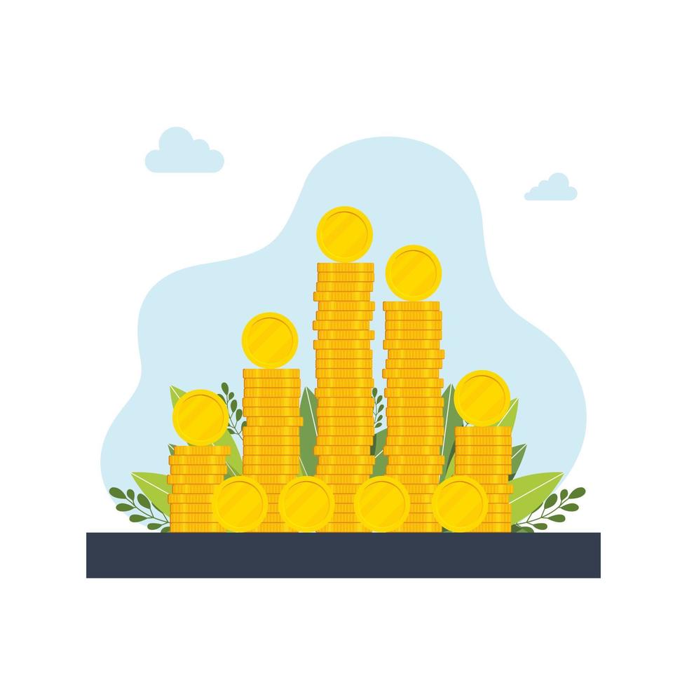 una gran pila de monedas de oro, dinero. pilas, columnas, monedas. concepto de multiplicación de dinero, riqueza, ilustración vectorial, ilustración de vector de diseño de imagen de dinero moderno