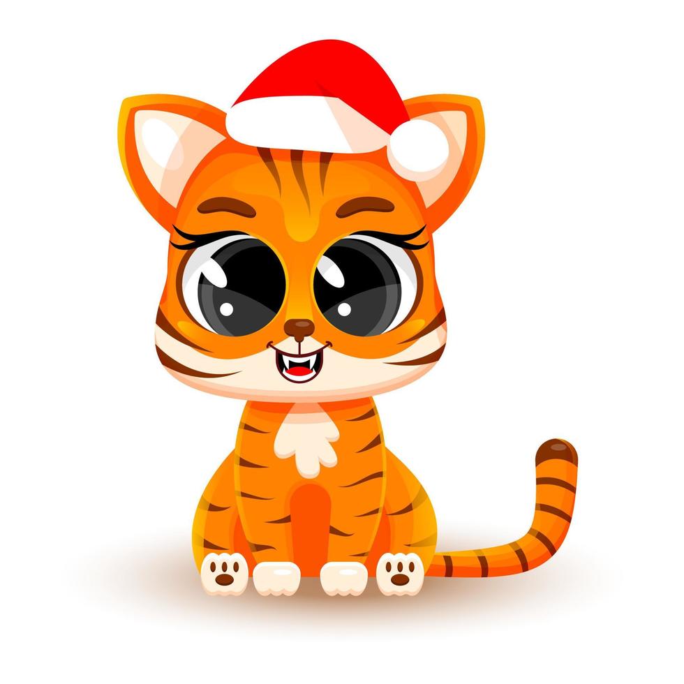 Cute cartoon baby tiger wearing a santa claus hat. Vector illustration isolated on white background. Concept christmas, chinese newyear, symbol of 2022. Fashion sticker. Christmas card.