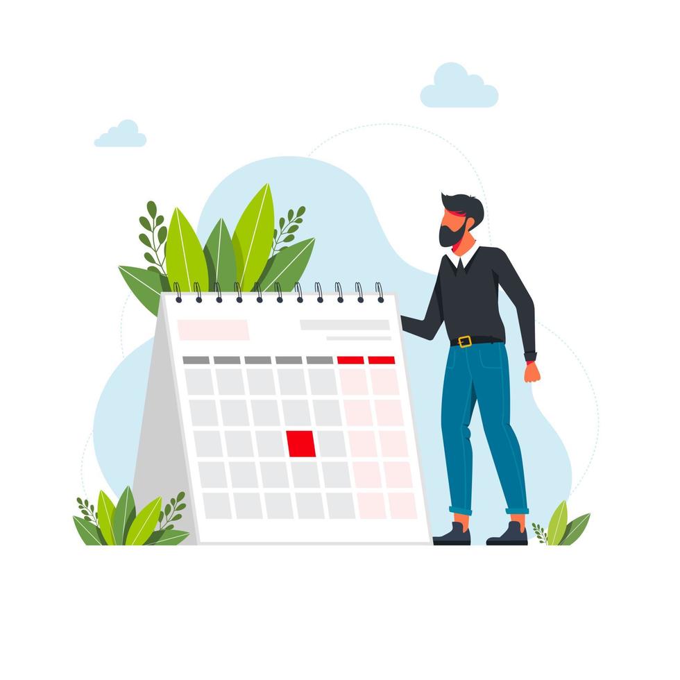 Time management and deadline concept. Businessman planning events, deadlines, and agenda. Calendar, schedule, organization process flat vector illustration. Time management concept for banner