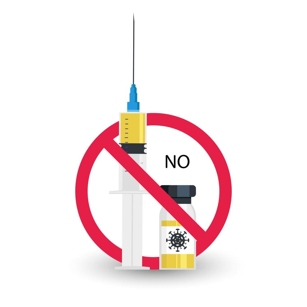 no vaccine in the crossed out red circle syringe. Medical syringe in red crossed out circle. Vector illustration of a syringe and coronavirus vaccine with a red crossed out circle. No Vaccination sign