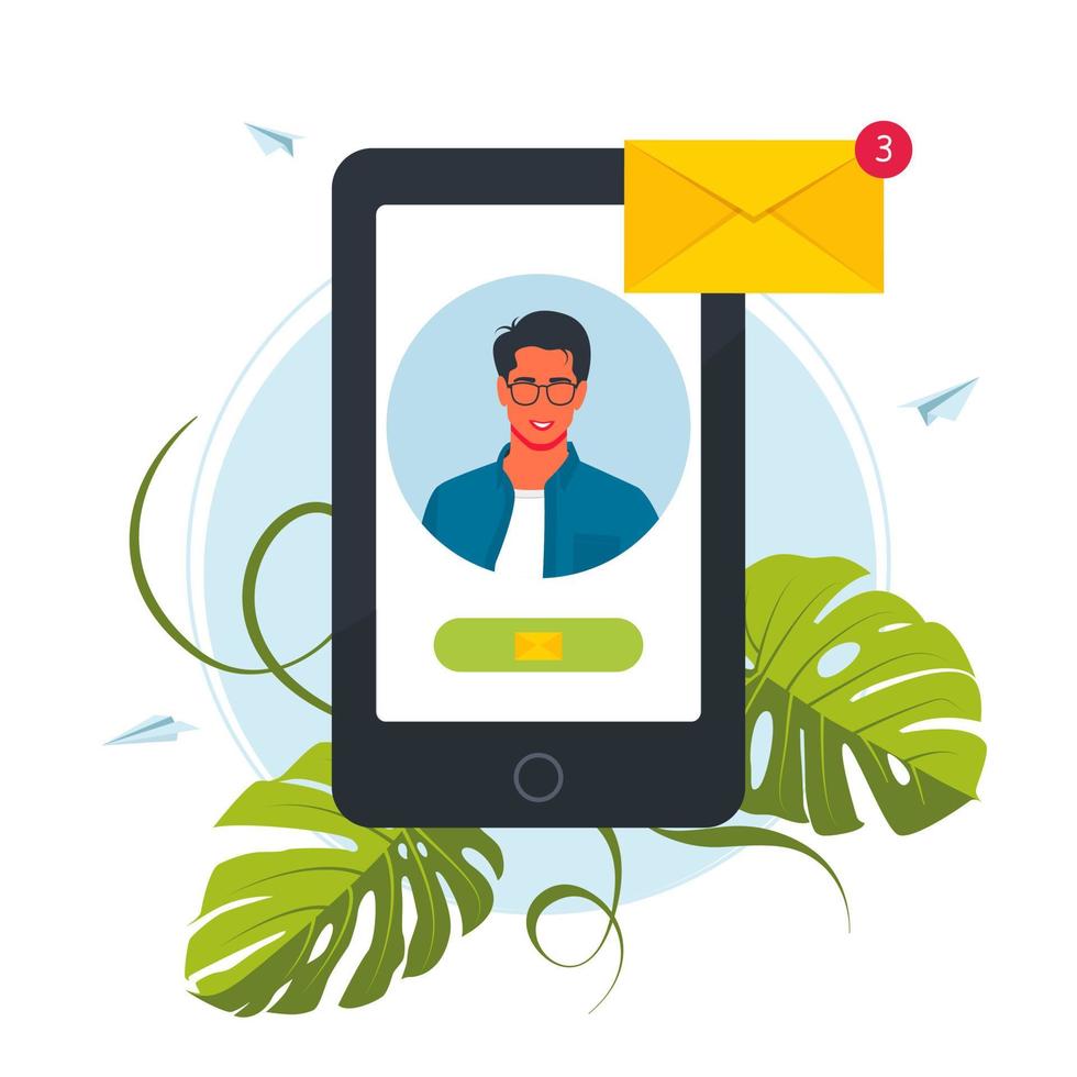 New message on the smartphone screen. Smartphone with notification sms on screen.Alert of new message mail on mobile phone. Reminder inbox notice in app. Vector illustration