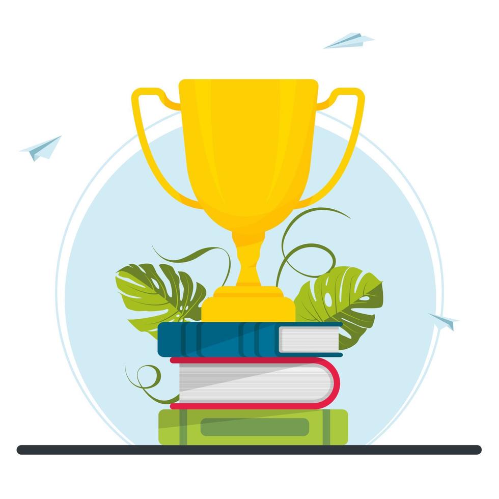 Golden cup, trophy on a stack of books. Achievement in education, study award, distance learning, business goal, idea, online courses. Success celebration. Vector illustration.
