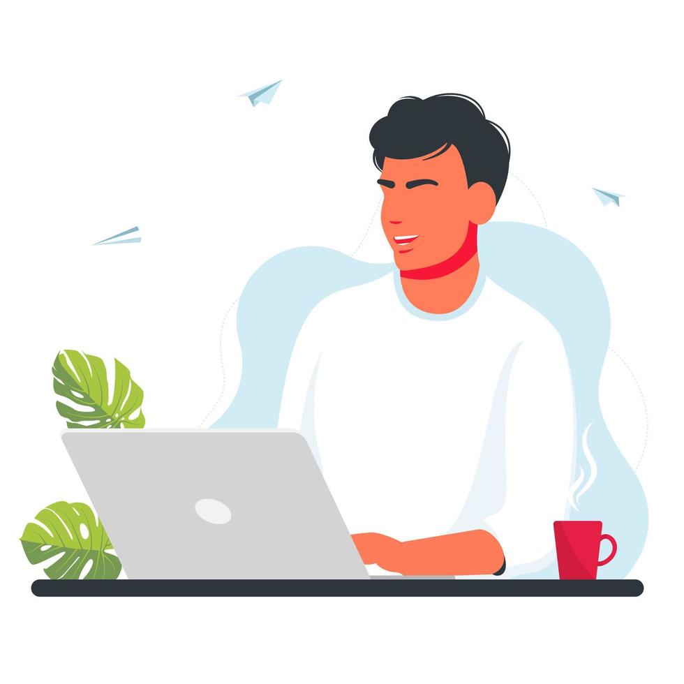 man working on laptop or computer from home with a cup of coffee. Home office concept, a woman working from home, student or freelancer. Vector illustration, flat style. Remote work, freelance concept