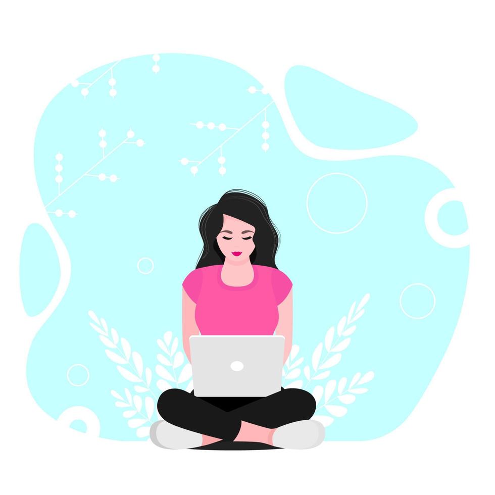 young girl sits and works at a laptop. Freelancer concept. vector illustration