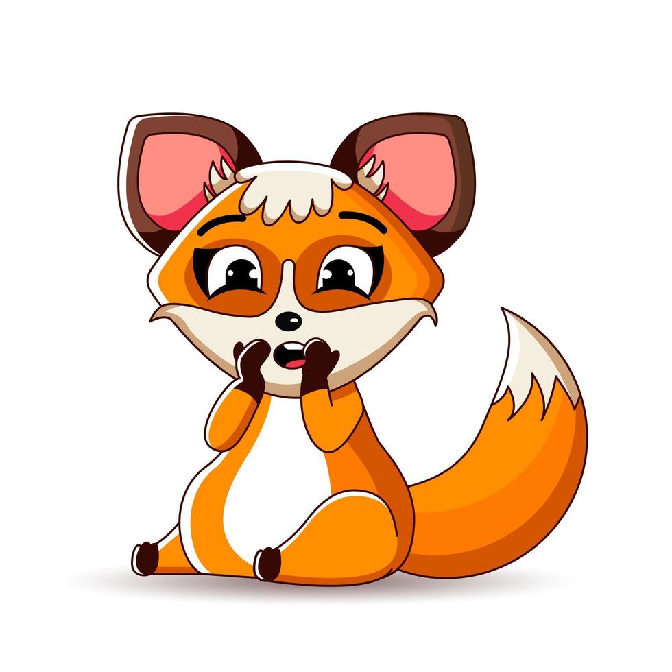 A surprised scared fox covers his mouth with paws. vector illustration