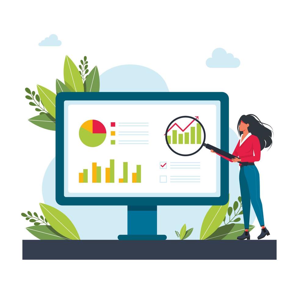 mujer sosteniendo una lupa en el monitor y examina el diagrama. chica estudiando la lista de verificación con lupa, analizando gráficos, llevando el concepto de negocio de dinero. vector