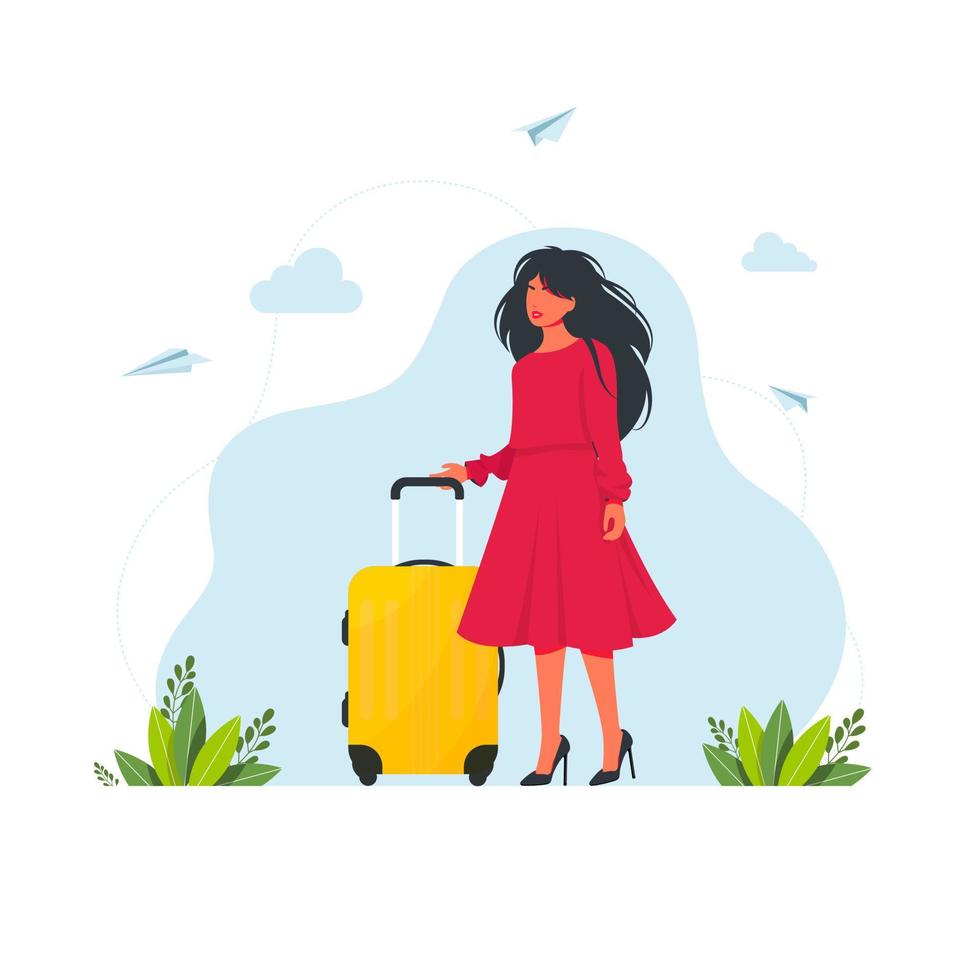 woman travels with a suitcase. woman with a luggage bag. Vector illustration. Woman With A Suitcase In A Red Dres Shopping Tour Concept. Tiny Female Characters with Bag at Huge Suitcase. Tourist