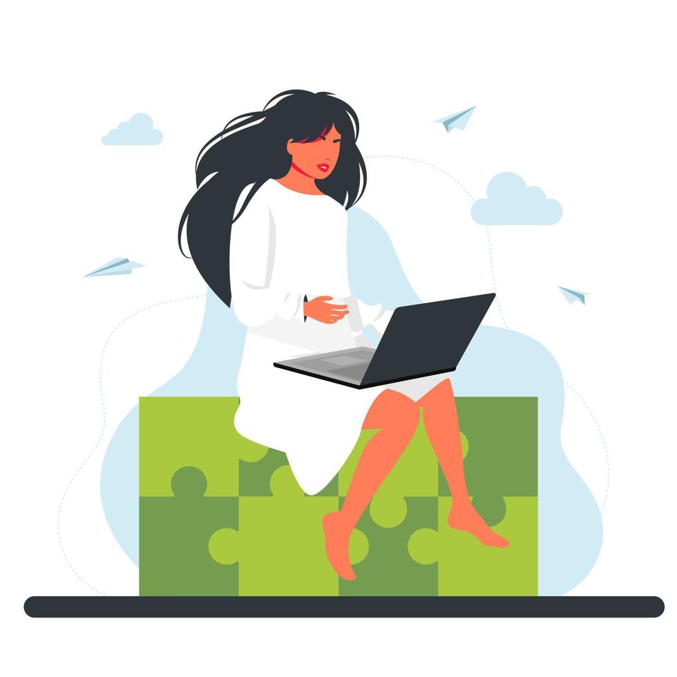 Woman Sitting on Huge Jigsaw Puzzle Element. Business concept. Creative Idea Integration, Problem and Task Solution in Business Concept. working woman sitting with a laptop. Freelance remote work vector