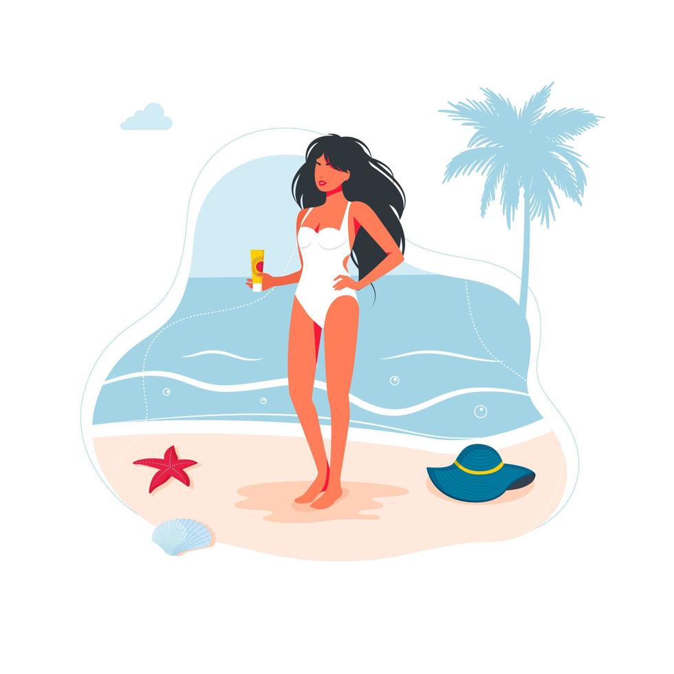 Beautiful Woman Girl On The Beach In A Swimsuit And With A sunscreen In Her Hand by the sea on the sand. Sea beach people traveling banner, summer holidays symbol. Vector illustration