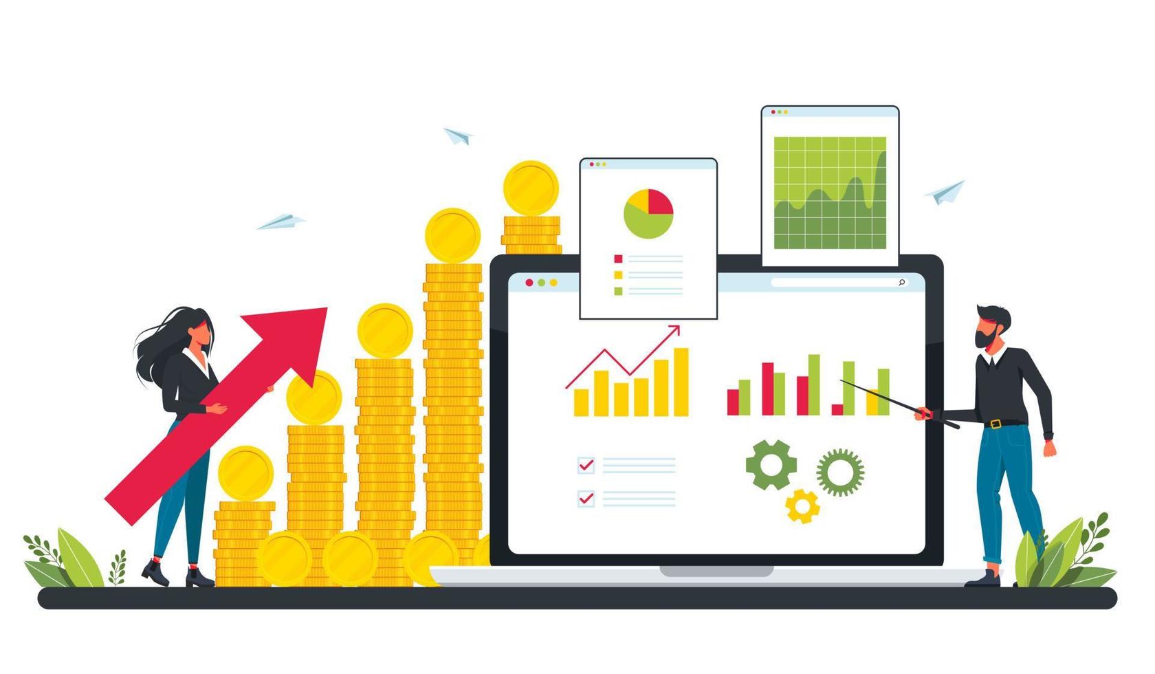 Marketing investment,demand planning,digital auditing concept with tiny people. Business plan, finance management, revenue metaphor.tiny people with a big pile of coins and graphs on a computer screen vector