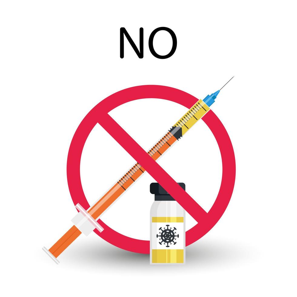 no vaccine in the crossed out red circle syringe. Medical insulin syringe in red crossed out circle. a syringe and coronavirus vaccine with a red crossed out circle. No Vaccination sign. Vector