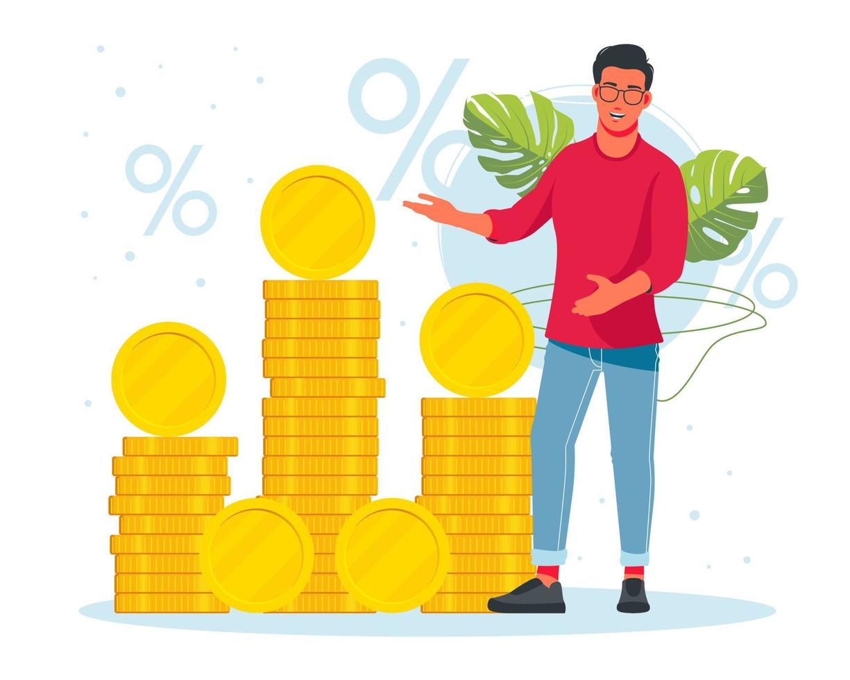 Discount, sale. Salesperson advertises discounts. Banker offering loan. Investor, entrepreneur getting income. Man standing with heap of cash coins. Financial success, profit, business concept. Vector