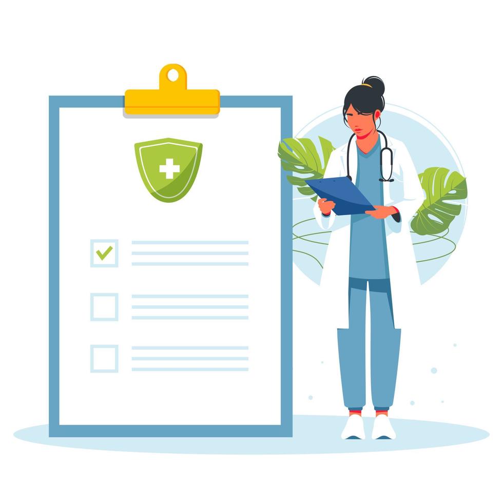 doctor examines the report of the disease. Medical checkup annual doctor health test appointment tiny person concept. Preventive examination. Patient consults hospital specialist. Vector illustration