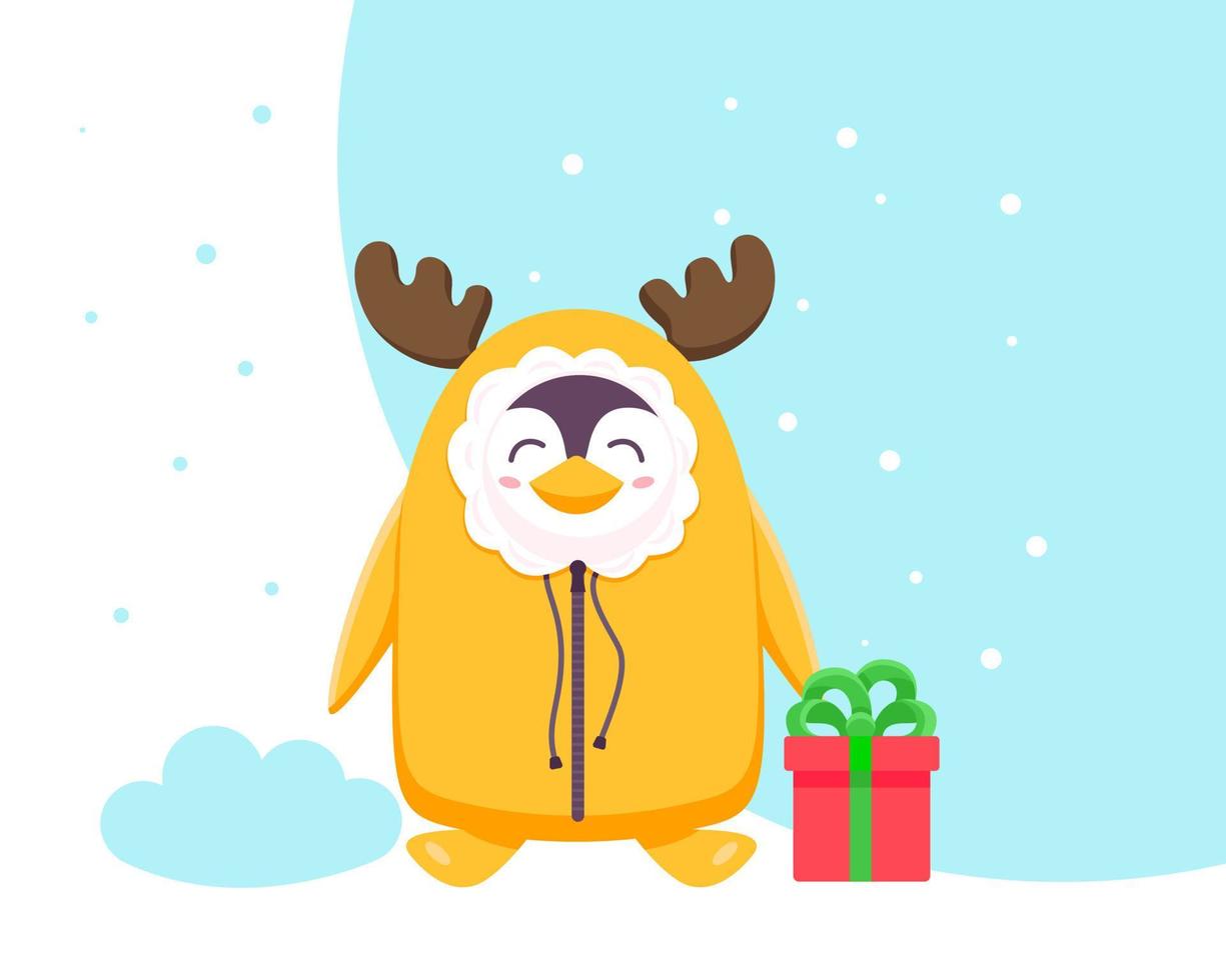 a penguin in a sleeping bag, a warm down jacket with deer antlers. Christmas and New Years concept. cute funny smiling penguin. Colored trendy illustrations. white background. vector illustration