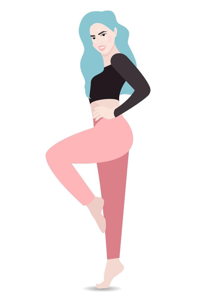 Attractive young woman with long blue hair stands and poses on one leg barefoot vector