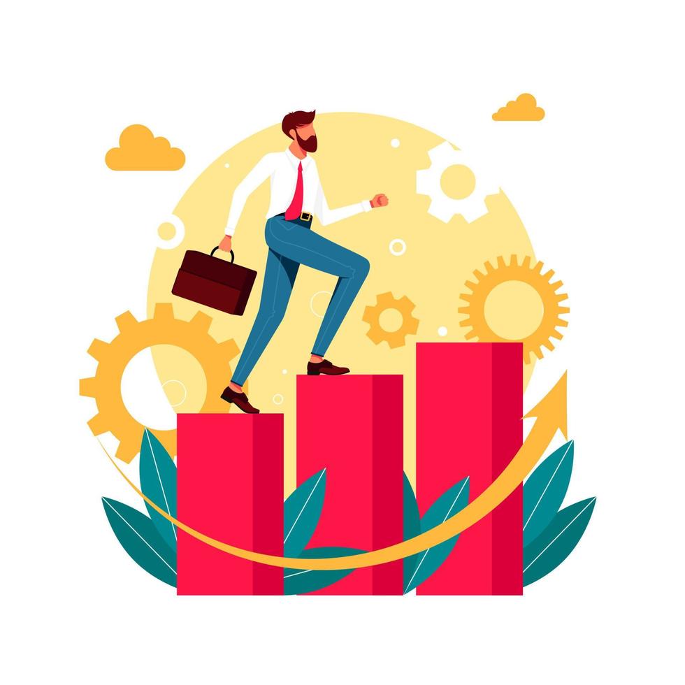 office workers, managers, Successful businessmen running up the career stairs. Business goal achievement, career ladder progress, and advancement. Vector illustration