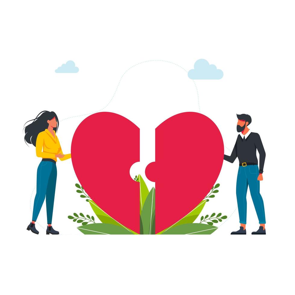 feliz pareja joven conectando las mitades del corazón. rompecabezas, rompecabezas, data ilustración vectorial plana. pareja feliz conectando piezas de corazón. ilustración vectorial vector